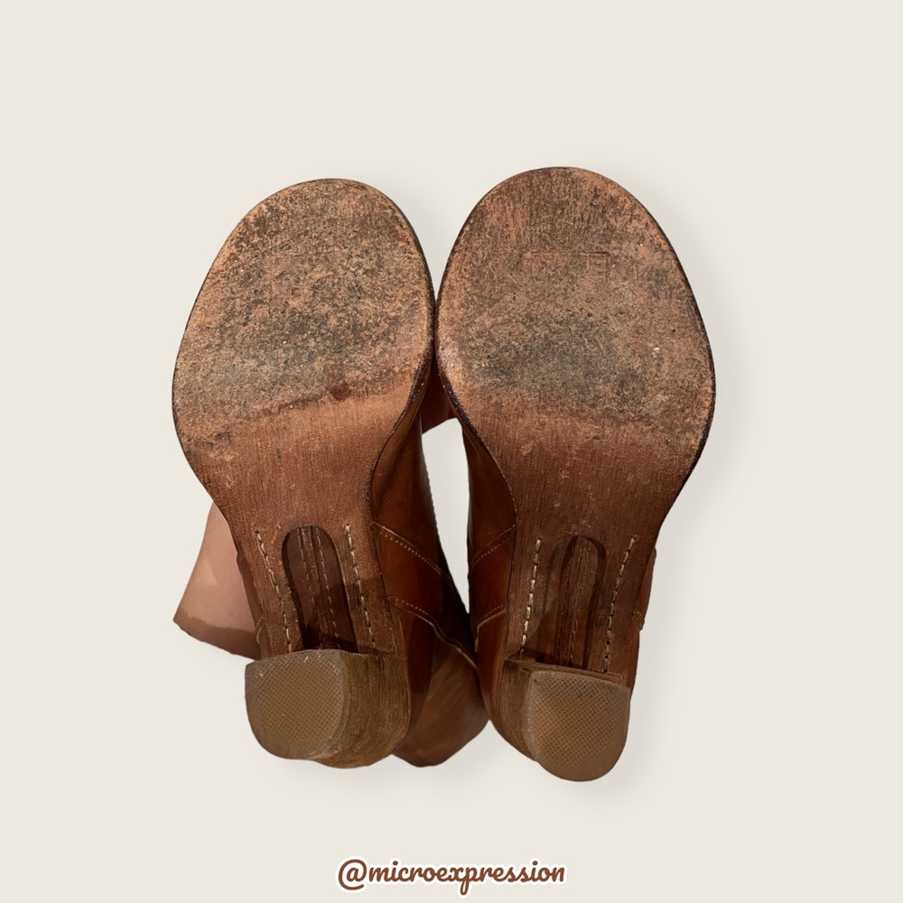 $399 Frye Villager Pull On Knee High Cognac Leather Tall Heeled Distressed Boot - Picture 11 of 15